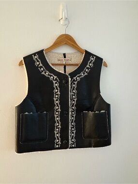 Free People Black Faux Leather Vest with Cream Embroidery